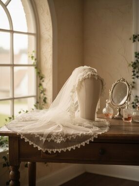 Vintage 1970s Juliet Cap Bridal Veil Floral Lace Faux Pearl waltz/Knee Length